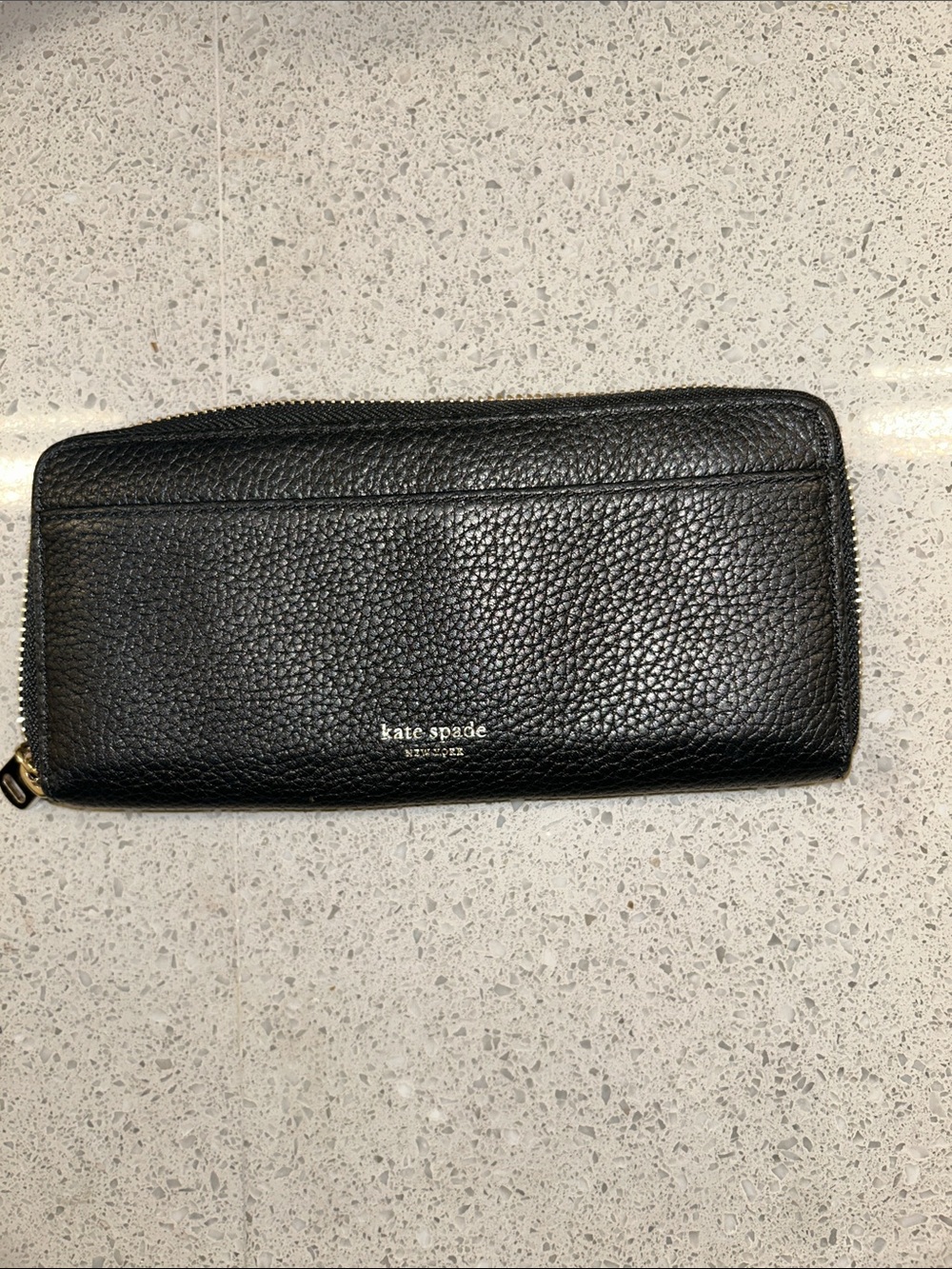 kate spade Black Pebbled Leather Zip-Around Wallet with Gold Logo